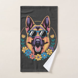Trendy German Shepherd in Floral Style Hand Towel