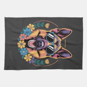 Trendy German Shepherd in Floral Style Tea Towel