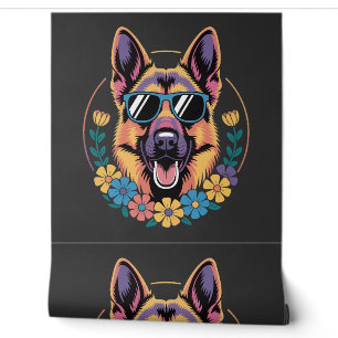 Trendy German Shepherd in Floral Style Wallpaper
