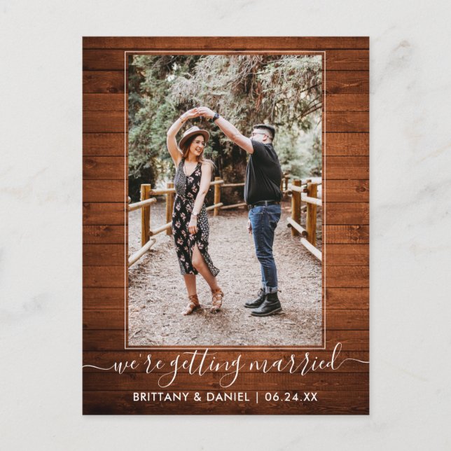 Trendy Getting Married Rustic Wood Save The Date Postcard (Front)