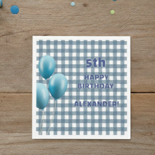 Trendy Gingham Blue 5th Birthday Personalized Napkin