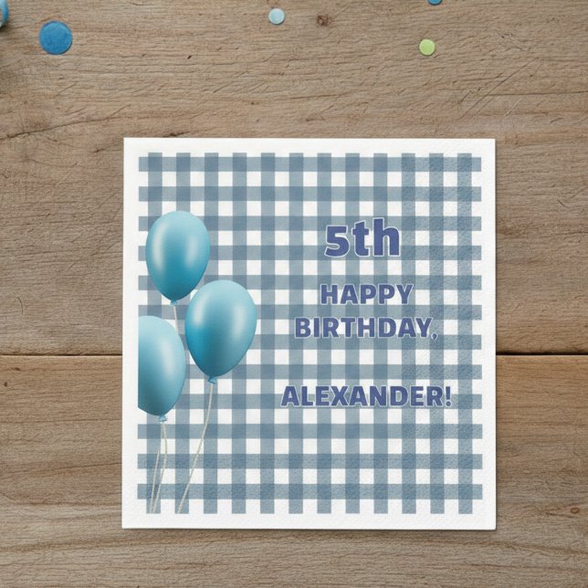 Trendy Gingham Blue 5th Birthday Personalized Napkin (Creator Uploaded)