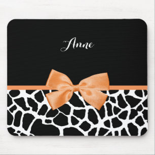 Trendy Giraffe Animal Print Orange Bow With Name Mouse Mat