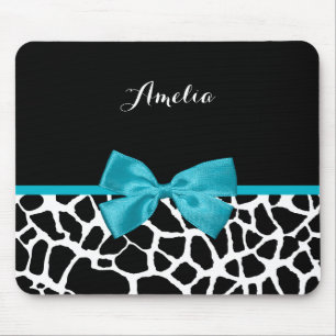 Trendy Giraffe Animal Print Turquoise Bow and Name Mouse Mat