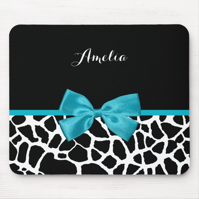 Trendy Giraffe Animal Print Turquoise Bow and Name Mouse Mat (Front)