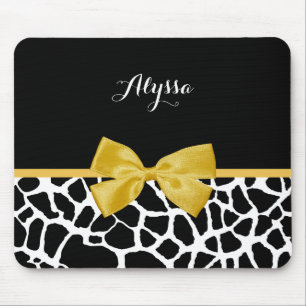 Trendy Giraffe Animal Print Yellow Bow With Name Mouse Mat