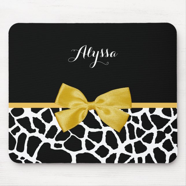 Trendy Giraffe Animal Print Yellow Bow With Name Mouse Mat (Front)