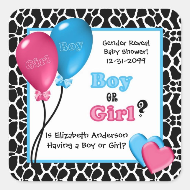 Trendy Giraffe Print Gender Reveal Baby Shower Square Sticker (Front)