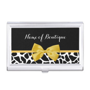Trendy Giraffe Print Golden Yellow Bow Boutique Business Card Holder