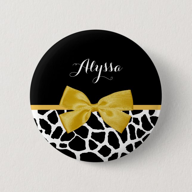 Trendy Giraffe Print Golden Yellow Bow With Name 6 Cm Round Badge (Front)