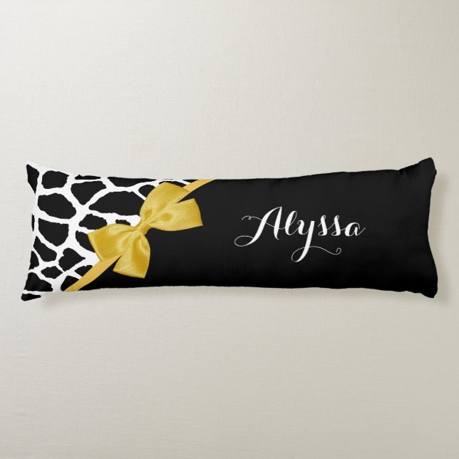 Trendy Giraffe Print Golden Yellow Bow With Name Body Cushion (Front)