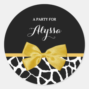 Trendy Giraffe Print Golden Yellow Bow With Name Classic Round Sticker