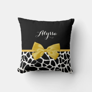 Trendy Giraffe Print Golden Yellow Bow With Name Cushion