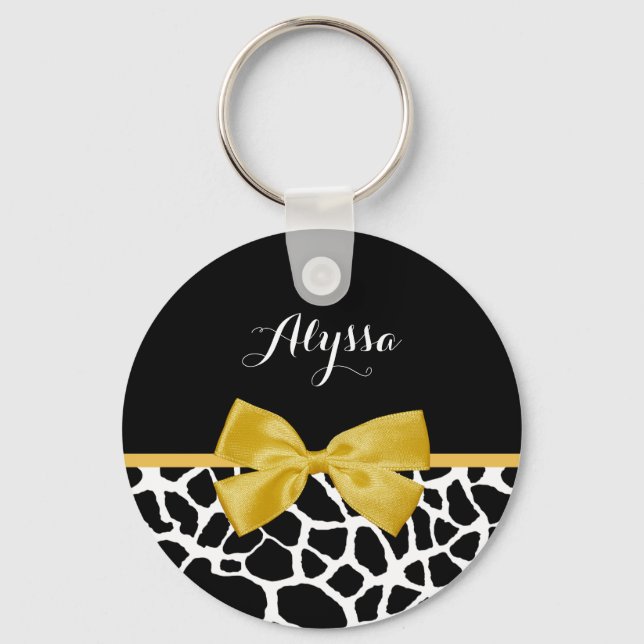Trendy Giraffe Print Golden Yellow Bow With Name Key Ring (Front)