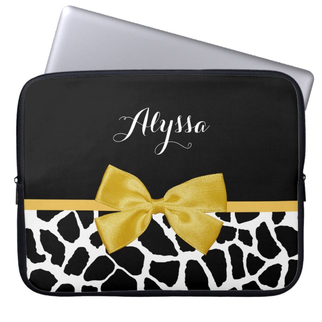 Trendy Giraffe Print Golden Yellow Bow With Name Laptop Sleeve (Front)