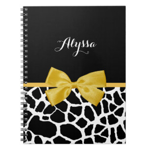 Trendy Giraffe Print Golden Yellow Bow With Name Notebook