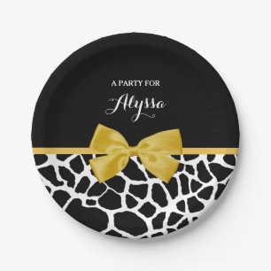 Trendy Giraffe Print Golden Yellow Bow With Name Paper Plate