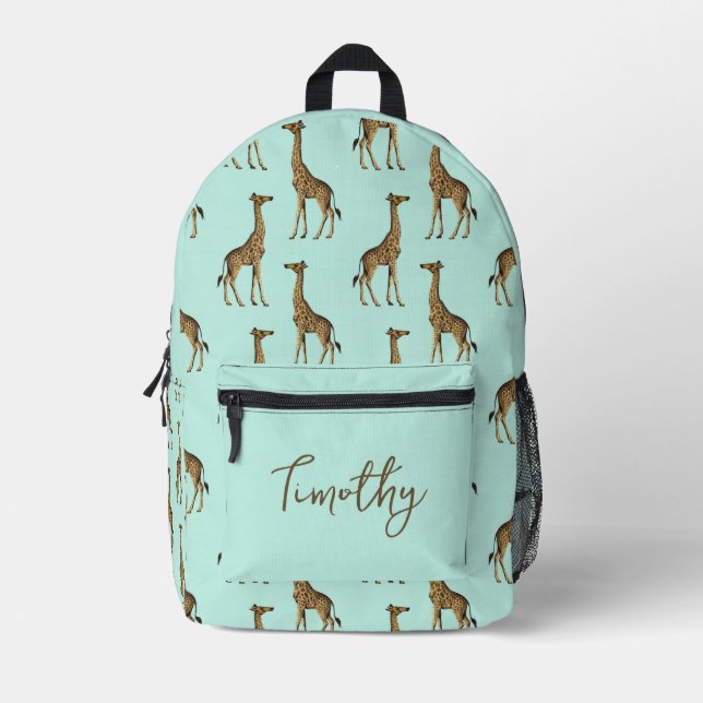 Trendy Giraffe Print Mint and Gold  Printed Backpack (Front)