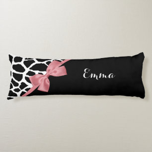 Trendy Giraffe Print Rosy Pink Bow With Name Body Cushion