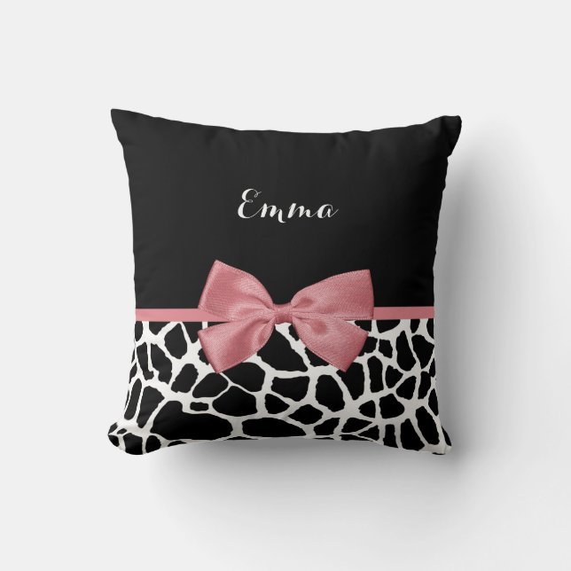 Trendy Giraffe Print Rosy Pink Bow With Name Cushion (Front)