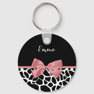 Trendy Giraffe Print Rosy Pink Bow With Name Key Ring