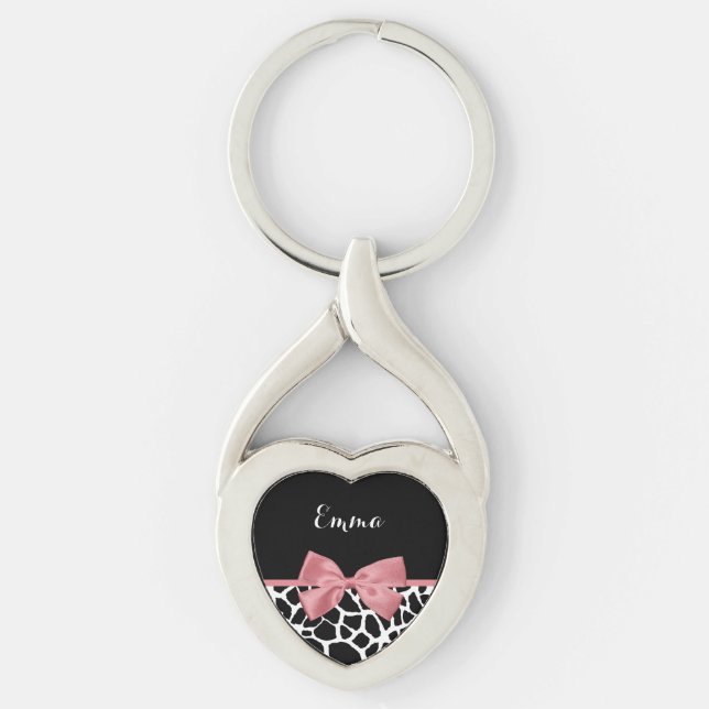 Trendy Giraffe Print Rosy Pink Bow With Name Key Ring (Front)