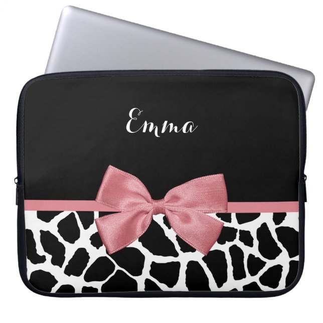Trendy Giraffe Print Rosy Pink Bow With Name Laptop Sleeve (Front)