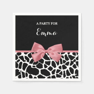Trendy Giraffe Print Rosy Pink Bow With Name Napkin