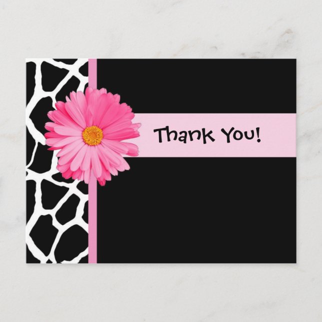 Trendy Giraffe Print Thank You With Pink Daisy Postcard (Front)