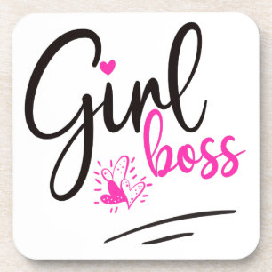 Trendy Girl Boss Typography Pink Black Hearts Coaster
