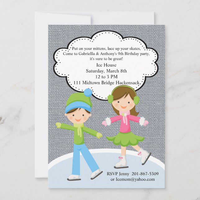 Trendy Girl & Boy Ice Skating Birthday Invitation (Front)