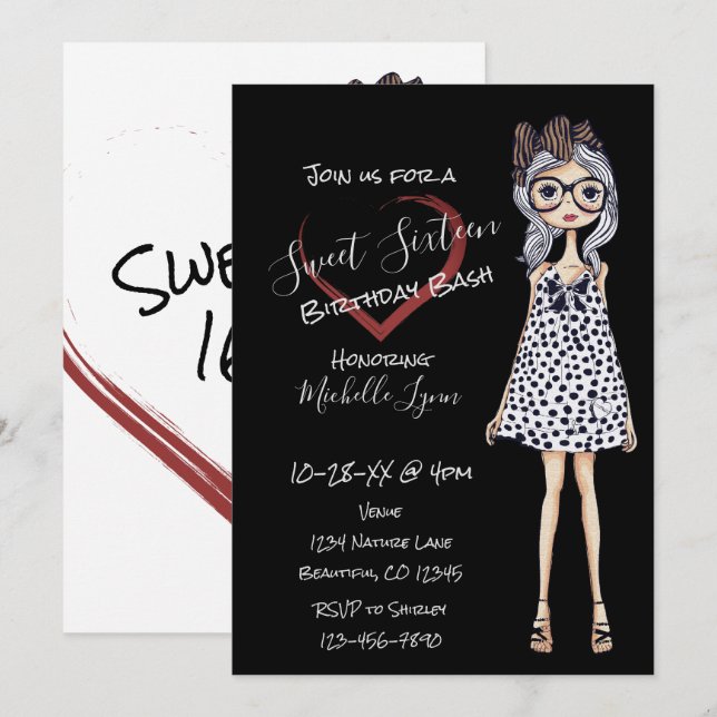 Trendy Girl n Heart Black White Sweet 16 Birthday Invitation (Front/Back)