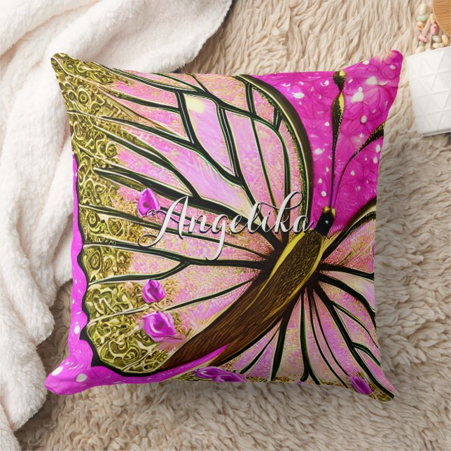 Trendy Girl Pink and Gold Butterfly Custom Name Cushion (Blanket)