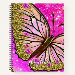 Trendy Girl Pink and Gold Butterfly Custom Name Notebook