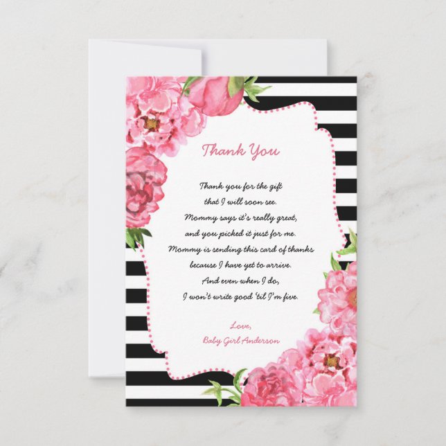 Trendy Girl Pink Floral Baby Shower Thank You note Card (Front)
