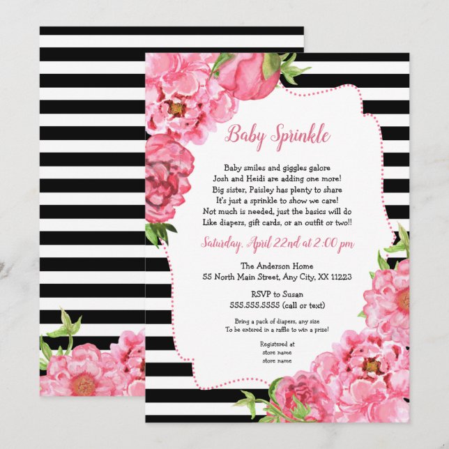 Trendy Girl Pink Floral Baby Sprinkle Invitations (Front/Back)