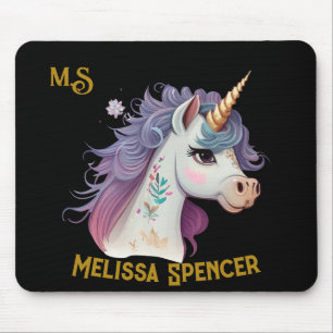 Trendy Girls' Elegant Black Magical Unicorn Name Mouse Mat
