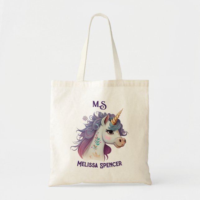 Trendy Girls' Elegant Purple Magical Unicorn Name Tote Bag (Front)