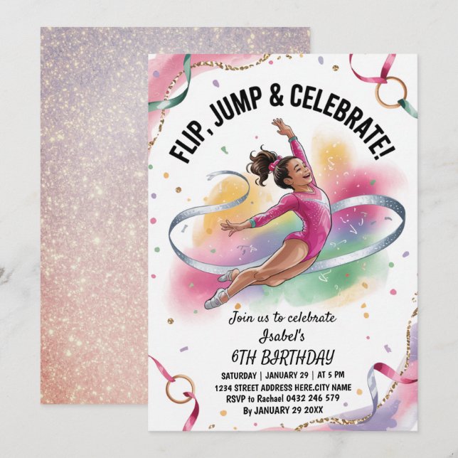 Trendy Girls Gymnast Gymnastics Birthday Party     Invitation (Front/Back)