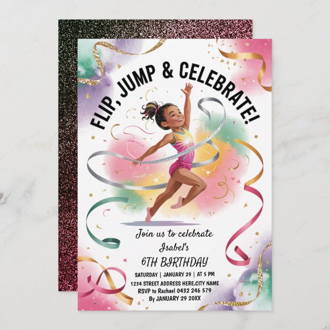 Trendy Girls Gymnast Gymnastics Birthday Party     Invitation (Front/Back)