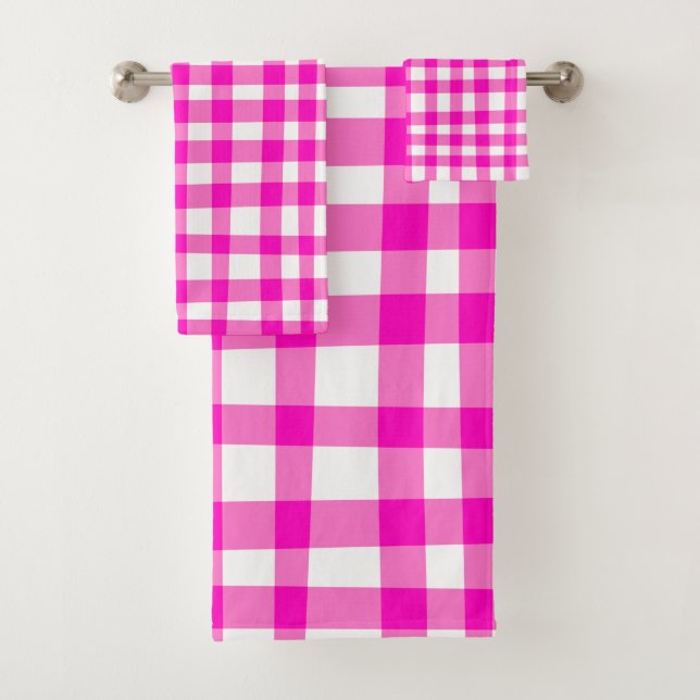 Trendy Girly Abstract Gingham in Bold Pink White Bath Towel Set (Insitu)