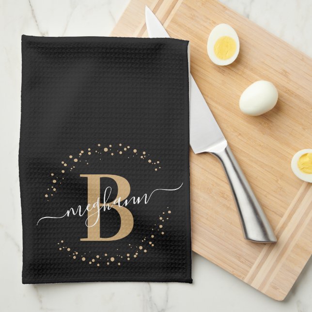 Trendy Girly Black Gold Name Monogram Script Tea Towel (Quarter Fold)