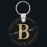 Trendy Girly Black Gold Name Script Monogrammed Key Ring<br><div class="desc">Girly, elegant, trendy, modern, black and gold, monogram initial name script custom personalised monogrammed keychain. Featuring a monogram initial and a girly name script in a hand lettered calligraphy swash tail font and dotted circle frame around your monogram. Perfect feminine gift for sister, mother, girlfriend, birthday, wedding, bridal shower, sweet...</div>