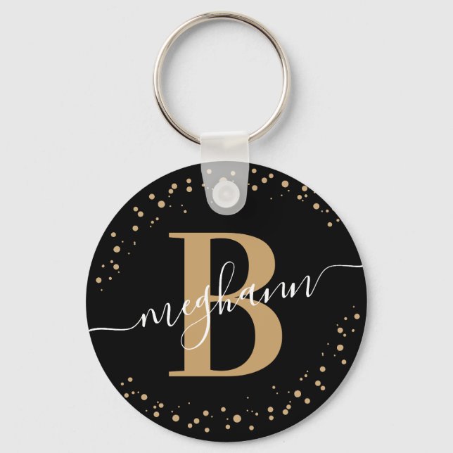 Trendy Girly Black Gold Name Script Monogrammed Key Ring (Front)