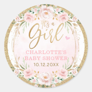 Trendy Girly Blush Gold Pink Floral Baby Girl Classic Round Sticker