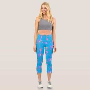 Trendy Girly Bright Blue Gradient Floral Pattern Capri Leggings