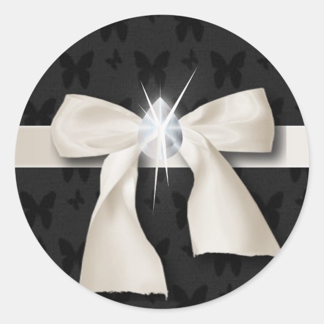 trendy girly chic diamond White Bow Classic Round Sticker (Front)