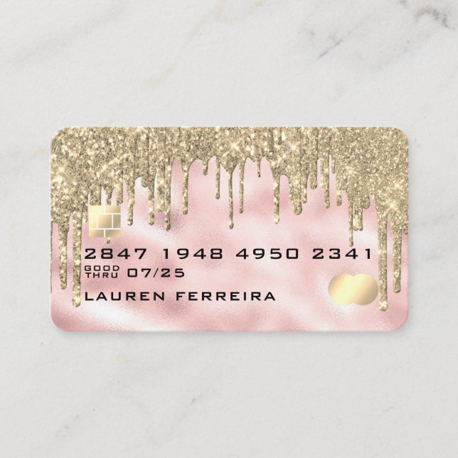 Trendy Girly Drips Pink Gold Faux Debit Card (Front)