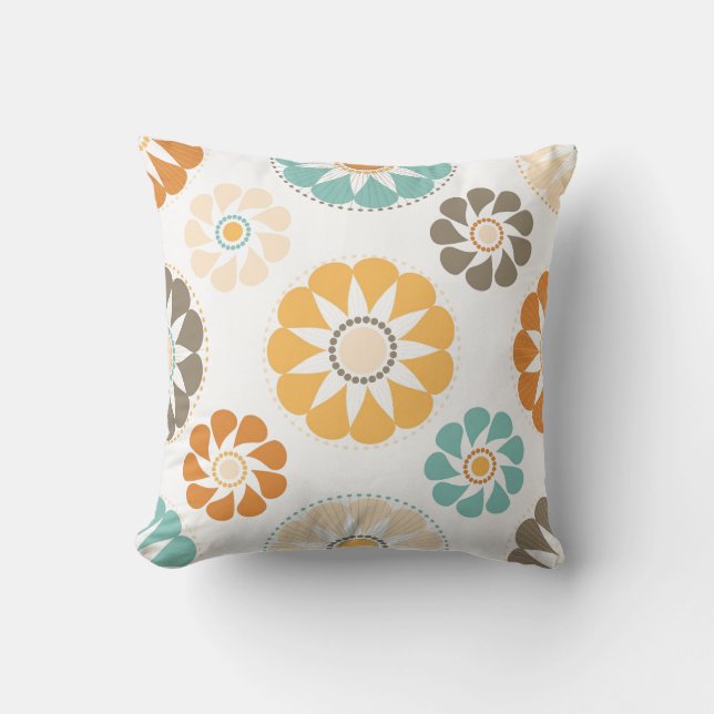 Trendy Girly Flower Pattern Floral Orange Blue Cushion (Front)