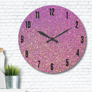 Trendy Girly Gradient Ombre Purple Pink Glitter Large Clock